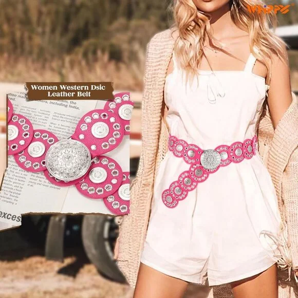 Women Vintage Disc Waist Concho Leather Belt Boho Waist Belt Rose Red Silver
